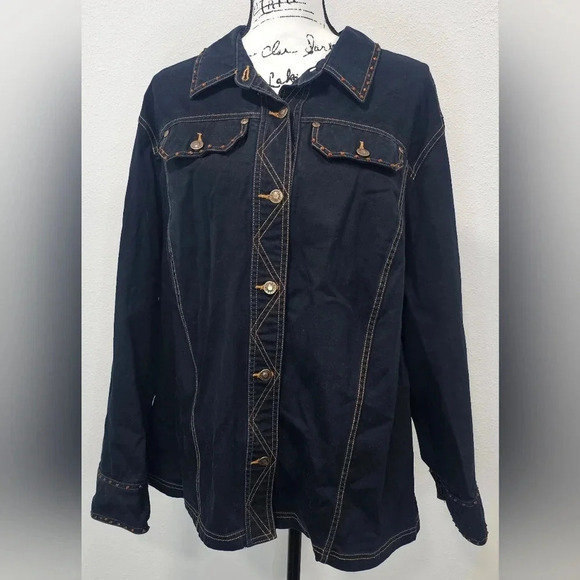 Liz & Me Jackets & Blazers - Liz & Me Women's Denim Jacket With Rhinestone Trim Black/Blue Size 2X 22/24W